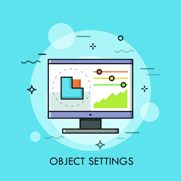 Vector interface of graphic editor program with graph and sliders displayed on computer screen.