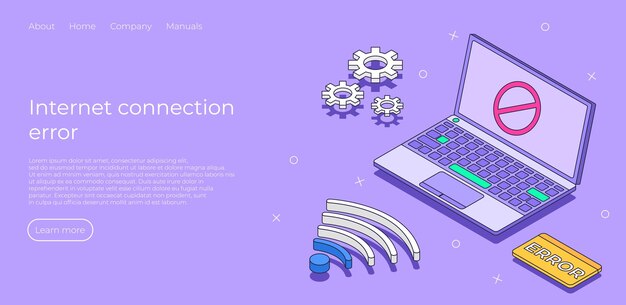 Vector internet connection error isometric landing page web page not loading wireless connectivity disconnect error connection wifi wifi sign vector illustration concept