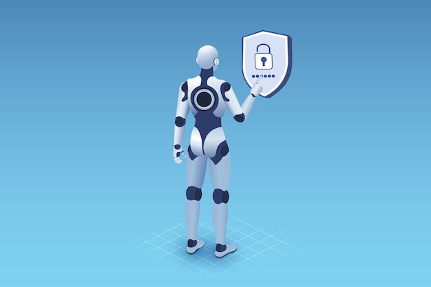 Vector internet network and computer security ai robot locking the security password to prevent unauthoriz