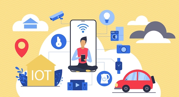 Vector iot network technology and infrastructure tiny person with smart home app system