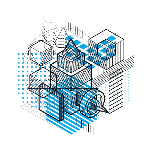 Vector isometric abstract background with linear dimensional shapes, vector 3d mesh elements. composition of cubes, hexagons, squares, rectangles and different abstract elements.
