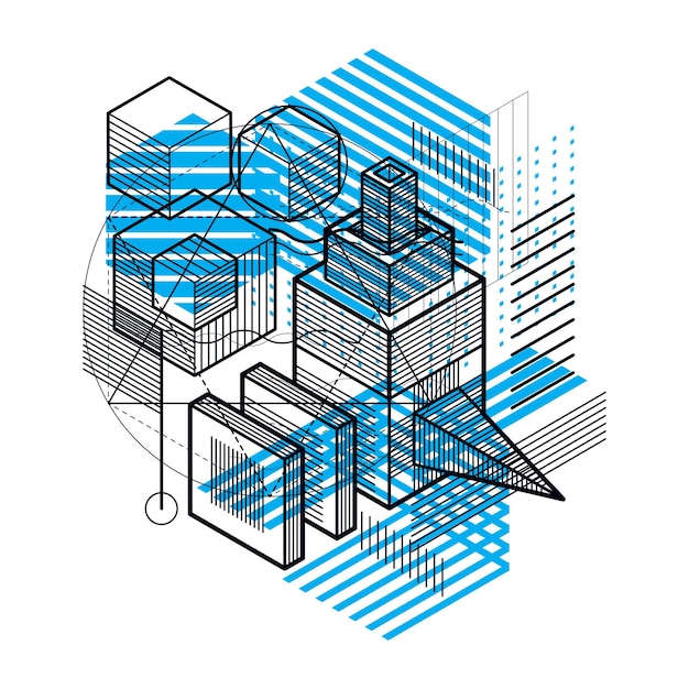 Vector isometric abstract background with linear dimensional shapes, vector 3d mesh elements. composition of cubes, hexagons, squares, rectangles and different abstract elements.