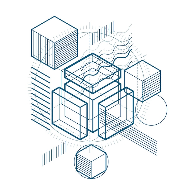 Vector isometric abstract background with linear dimensional shapes, vector 3d mesh elements. composition of cubes, hexagons, squares, rectangles and different abstract elements.