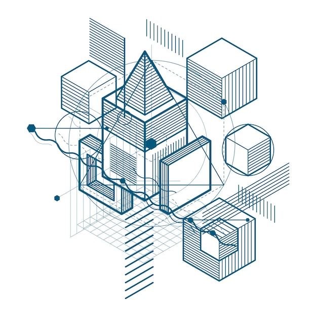 Vector isometric abstract background with linear dimensional shapes, vector 3d mesh elements. composition of cubes, hexagons, squares, rectangles and different abstract elements.