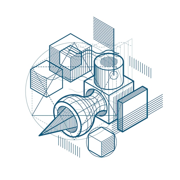 Vector isometric abstract background with linear dimensional shapes, vector 3d mesh elements. composition of cubes, hexagons, squares, rectangles and different abstract elements.