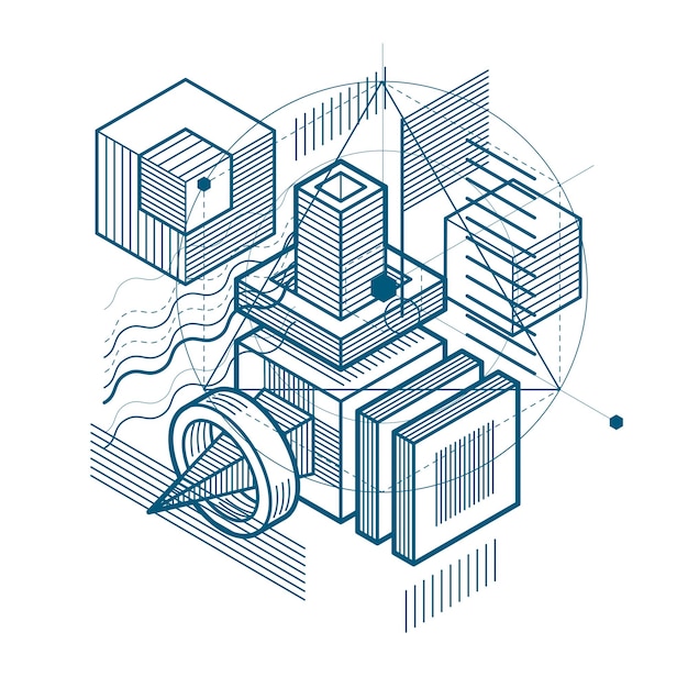 Vector isometric abstract background with linear dimensional shapes, vector 3d mesh elements. composition of cubes, hexagons, squares, rectangles and different abstract elements.
