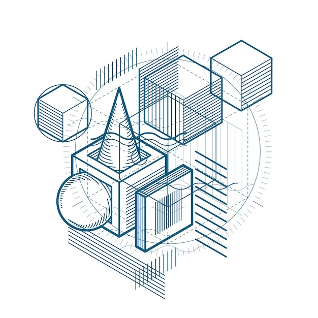 Vector isometric abstract background with linear dimensional shapes, vector 3d mesh elements. composition of cubes, hexagons, squares, rectangles and different abstract elements.