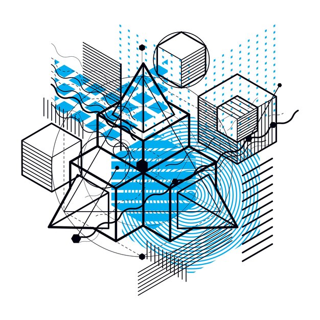 Vector isometric abstract background with linear dimensional shapes, vector 3d mesh elements. composition of cubes, hexagons, squares, rectangles and different abstract elements.