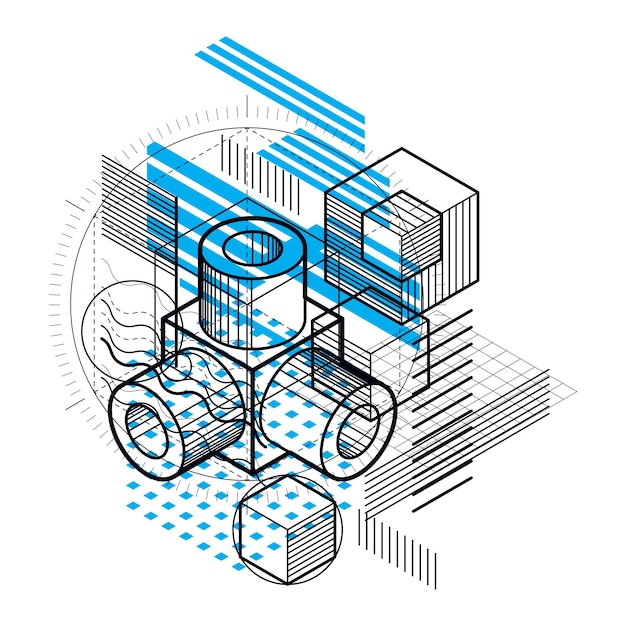 Vector isometric abstract background with linear dimensional shapes, vector 3d mesh elements. composition of cubes, hexagons, squares, rectangles and different abstract elements.