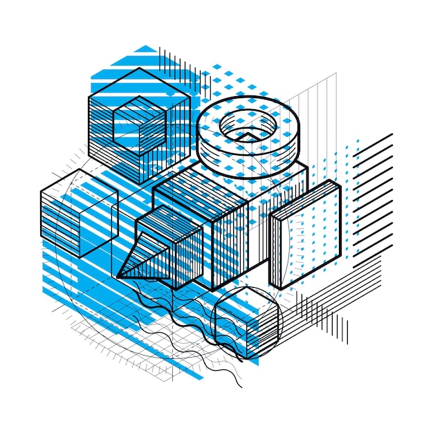 Vector isometric abstract background with linear dimensional shapes, vector 3d mesh elements. composition of cubes, hexagons, squares, rectangles and different abstract elements.