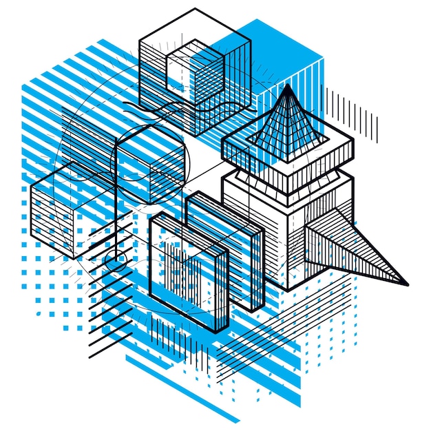 Vector isometric abstract background with linear dimensional shapes, vector 3d mesh elements. composition of cubes, hexagons, squares, rectangles and different abstract elements.