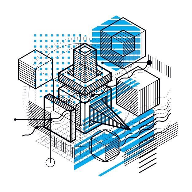 Vector isometric abstract background with linear dimensional shapes, vector 3d mesh elements. composition of cubes, hexagons, squares, rectangles and different abstract elements.