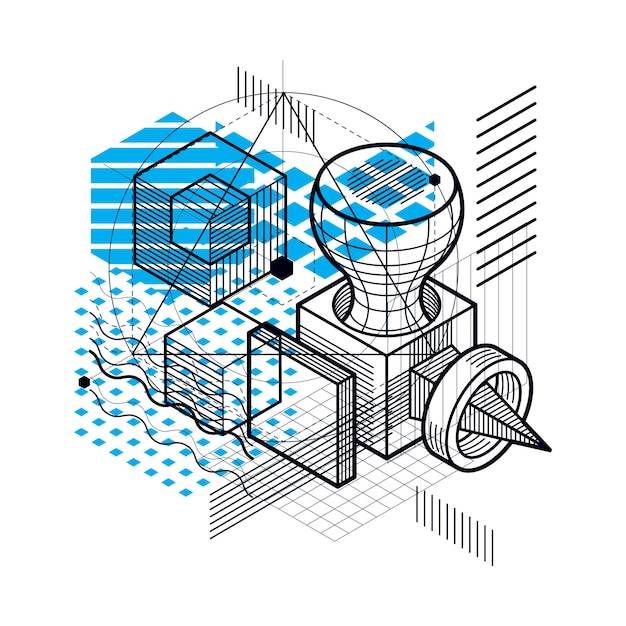 Vector isometric abstract background with lines and other different elements, vector abstract template. composition of cubes, hexagons, squares, rectangles and different abstract elements.