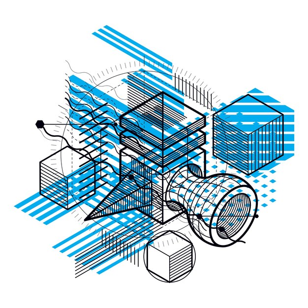 Vector isometric abstract background with lines and other different elements, vector abstract template. composition of cubes, hexagons, squares, rectangles and different abstract elements.