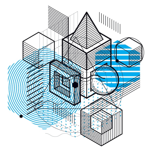 Vector isometric abstract background with lines and other different elements, vector abstract template. composition of cubes, hexagons, squares, rectangles and different abstract elements.