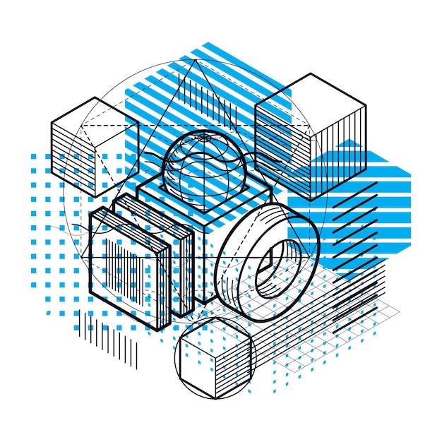 Vector isometric abstract background with lines and other different elements, vector abstract template. composition of cubes, hexagons, squares, rectangles and different abstract elements.