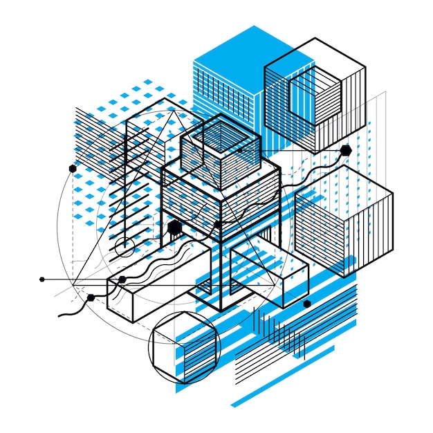 Vector isometric abstract background with lines and other different elements, vector abstract template. composition of cubes, hexagons, squares, rectangles and different abstract elements.