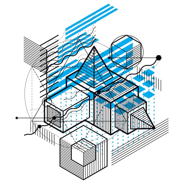 Vector isometric abstract background with lines and other different elements, vector abstract template. composition of cubes, hexagons, squares, rectangles and different abstract elements.