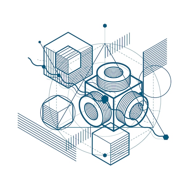 Vector isometric abstract background with lines and other different elements, vector abstract template. composition of cubes, hexagons, squares, rectangles and different abstract elements.