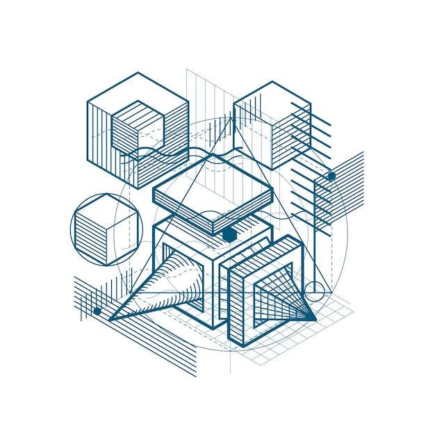 Vector isometric abstract background with lines and other different elements, vector abstract template. composition of cubes, hexagons, squares, rectangles and different abstract elements.