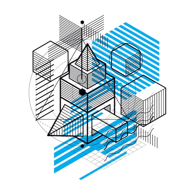 Vector isometric abstract background with lines and other different elements, vector abstract template. composition of cubes, hexagons, squares, rectangles and different abstract elements.