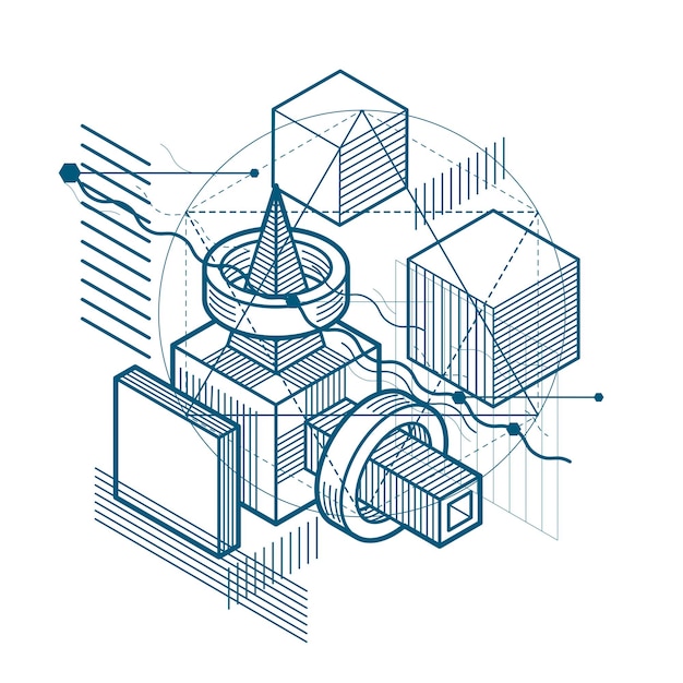 Vector isometric abstract background with lines and other different elements, vector abstract template. composition of cubes, hexagons, squares, rectangles and different abstract elements.