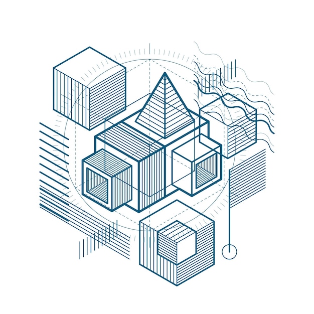 Vector isometric abstract background with lines and other different elements, vector abstract template. composition of cubes, hexagons, squares, rectangles and different abstract elements.