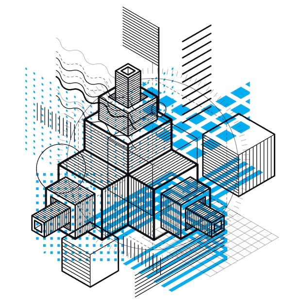 Vector isometric abstract background with lines and other different elements, vector abstract template. composition of cubes, hexagons, squares, rectangles and different abstract elements.