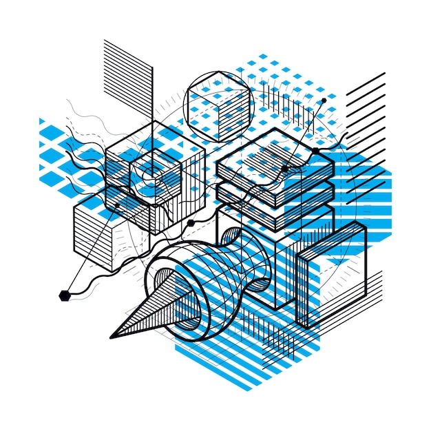 Vector isometric abstract background with lines and other different elements, vector abstract template. composition of cubes, hexagons, squares, rectangles and different abstract elements.