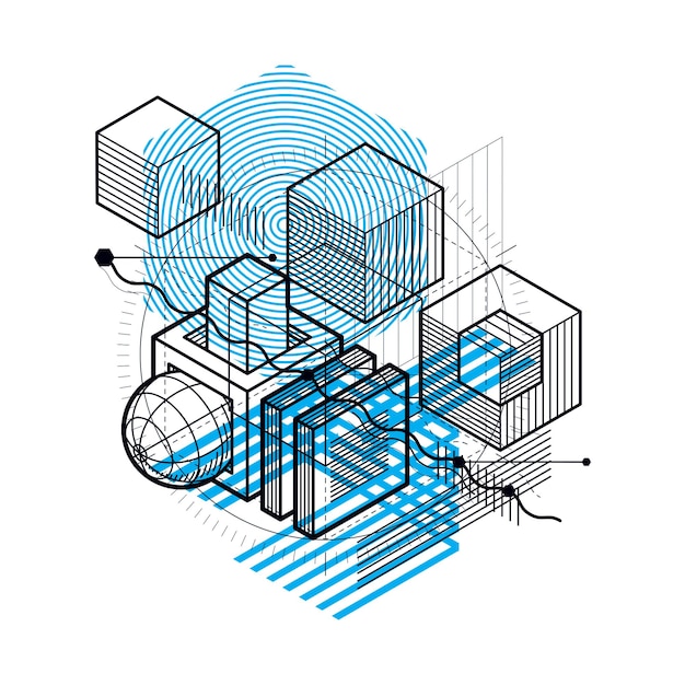 Vector isometric abstract background with lines and other different elements, vector abstract template. composition of cubes, hexagons, squares, rectangles and different abstract elements.