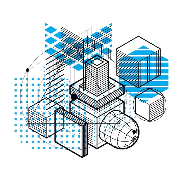 Vector isometric abstract background with lines and other different elements, vector abstract template. composition of cubes, hexagons, squares, rectangles and different abstract elements.
