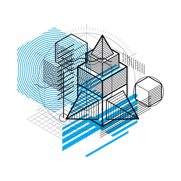 Vector isometric abstract background with lines and other different elements, vector abstract template. composition of cubes, hexagons, squares, rectangles and different abstract elements.