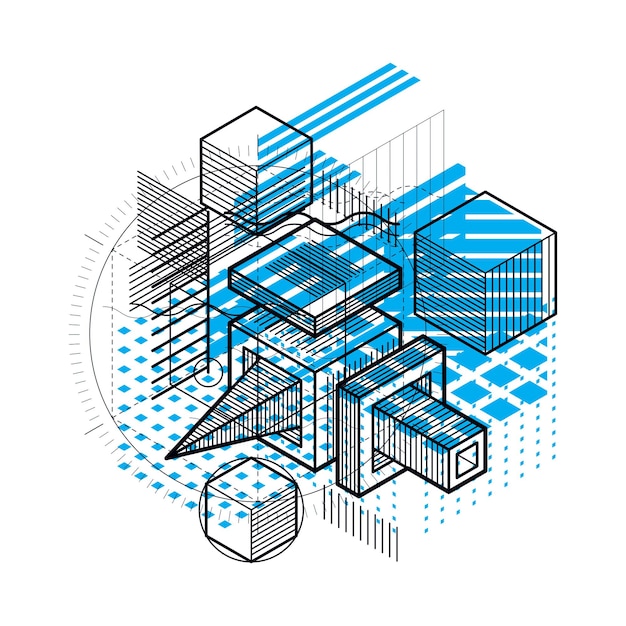 Vector isometric abstract background with lines and other different elements, vector abstract template. composition of cubes, hexagons, squares, rectangles and different abstract elements.