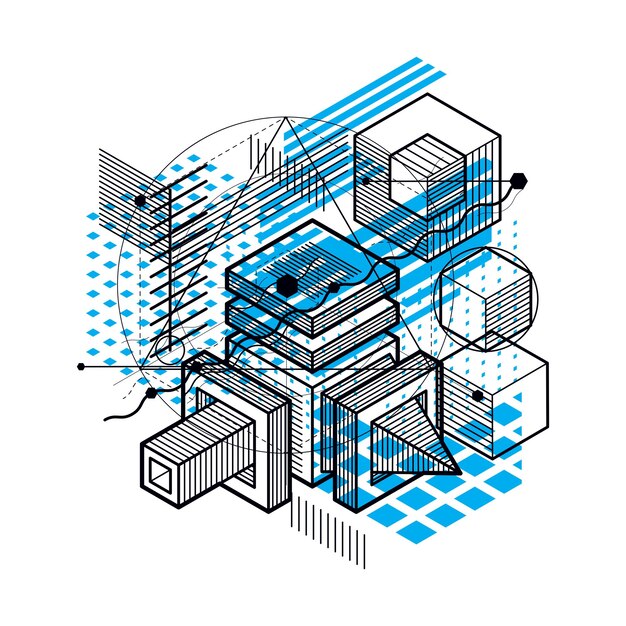 Vector isometric abstract background with lines and other different elements, vector abstract template. composition of cubes, hexagons, squares, rectangles and different abstract elements.