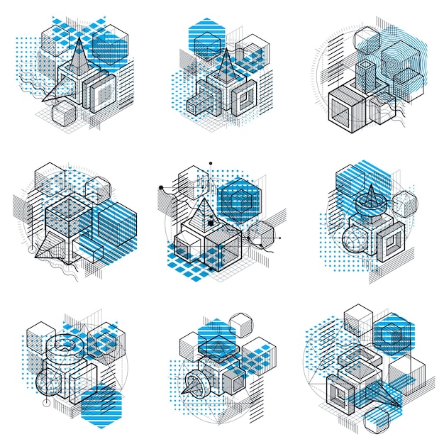 Vector isometric abstract backgrounds with lines and other different elements, vector abstract templates. compositions of cubes, hexagons, squares, rectangles and different abstract elements. vector set.