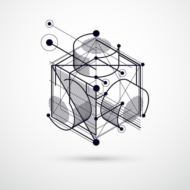 Vector isometric abstract black and white background with linear dimensional cube shapes, vector 3d mesh elements. layout of cubes, hexagons, squares, rectangles and different abstract elements.