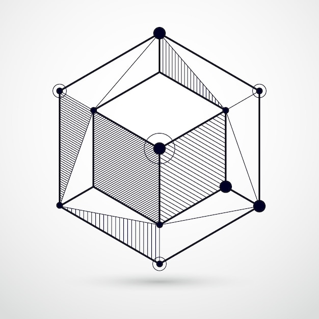 Vector isometric abstract black and white background with linear dimensional cube shapes, vector 3d mesh elements. layout of cubes, hexagons, squares, rectangles and different abstract elements.