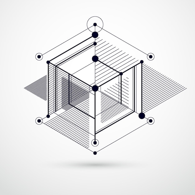 Vector isometric abstract black and white background with linear dimensional cube shapes, vector 3d mesh elements. layout of cubes, hexagons, squares, rectangles and different abstract elements.