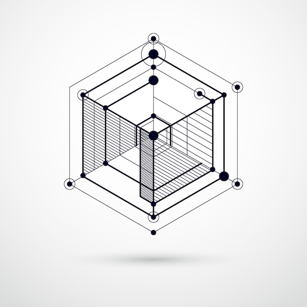 Vector isometric abstract black and white background with linear dimensional cube shapes, vector 3d mesh elements. layout of cubes, hexagons, squares, rectangles and different abstract elements.