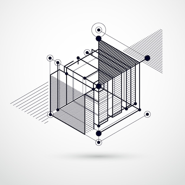 Vector isometric abstract black and white background with linear dimensional cube shapes, vector 3d mesh elements. layout of cubes, hexagons, squares, rectangles and different abstract elements.
