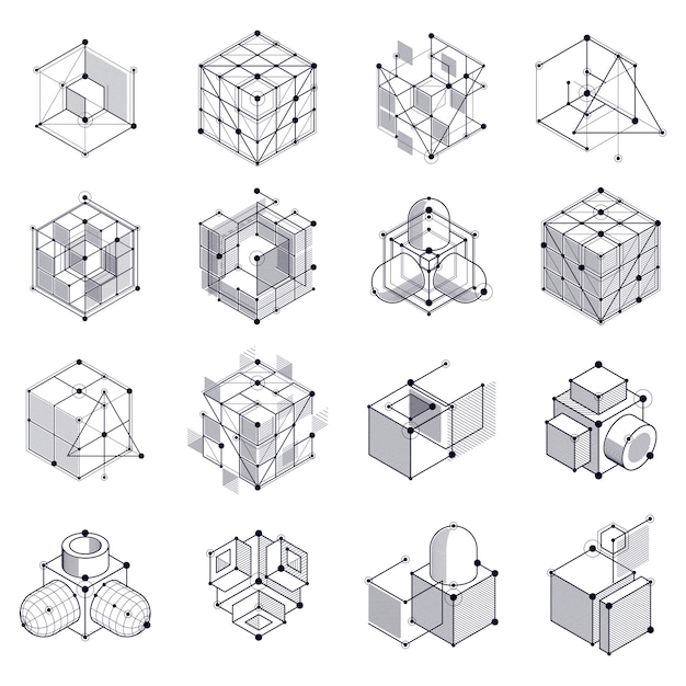 Vector isometric abstract black and white backgrounds set with linear dimensional cube shapes, vector 3d mesh elements. layout of cubes, hexagons, squares, rectangles and different abstract elements.
