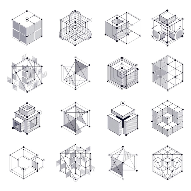 Vector isometric abstract black and white backgrounds set with linear dimensional cube shapes, vector 3d mesh elements. layout of cubes, hexagons, squares, rectangles and different abstract elements.
