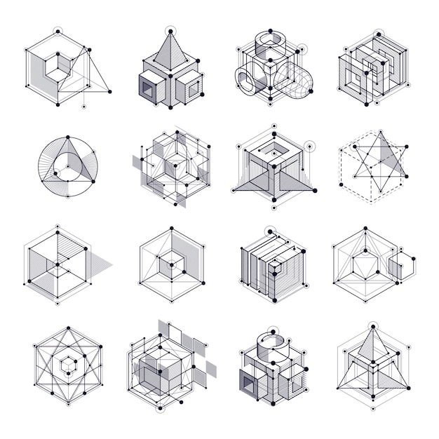 Vector isometric abstract black and white backgrounds set with linear dimensional cube shapes, vector 3d mesh elements. layout of cubes, hexagons, squares, rectangles and different abstract elements.