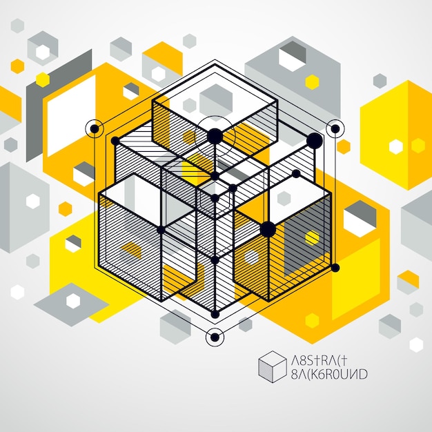 Vector isometric abstract yellow background with linear dimensional cube shapes, vector 3d mesh elements. layout of cubes, hexagons, squares, rectangles and different abstract elements.