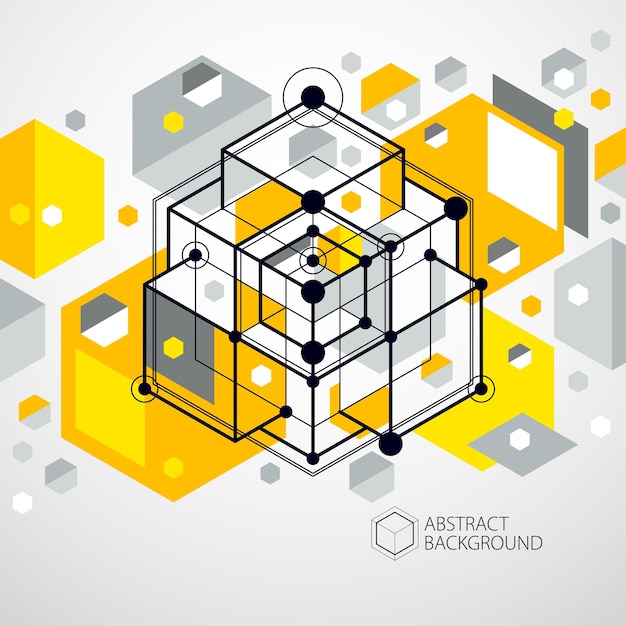 Vector isometric abstract yellow background with linear dimensional cube shapes, vector 3d mesh elements. layout of cubes, hexagons, squares, rectangles and different abstract elements.