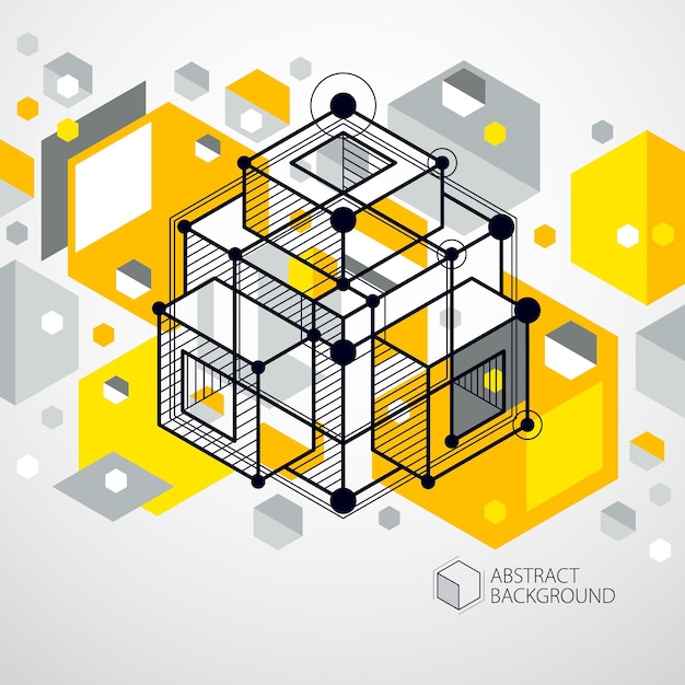 Vector isometric abstract yellow background with linear dimensional cube shapes, vector 3d mesh elements. layout of cubes, hexagons, squares, rectangles and different abstract elements.