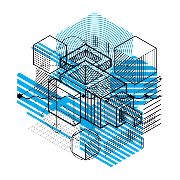 Vector isometric abstraction with lines and different elements, vector abstract background. composition of cubes, hexagons, squares, rectangles and different abstract elements.