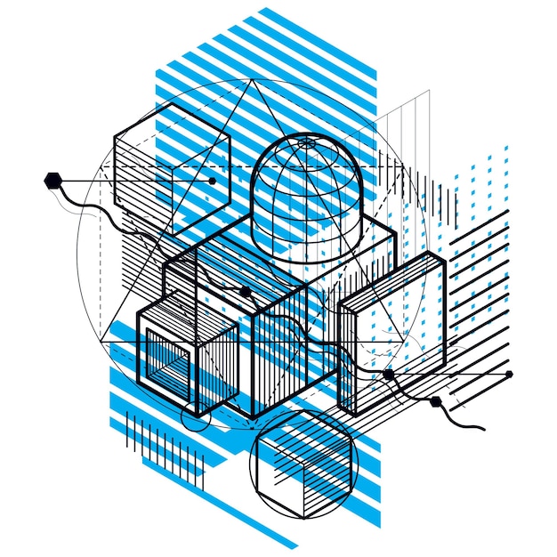 Vector isometric abstraction with lines and different elements, vector abstract background. composition of cubes, hexagons, squares, rectangles and different abstract elements.