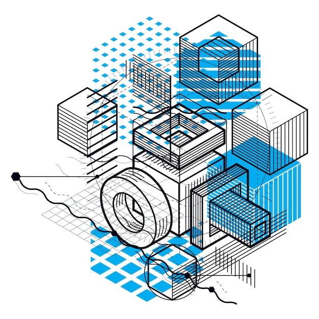 Vector isometric abstraction with lines and different elements, vector abstract background. composition of cubes, hexagons, squares, rectangles and different abstract elements.