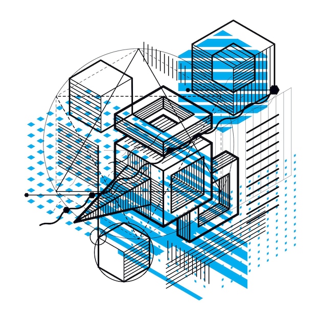 Vector isometric abstraction with lines and different elements, vector abstract background. composition of cubes, hexagons, squares, rectangles and different abstract elements.